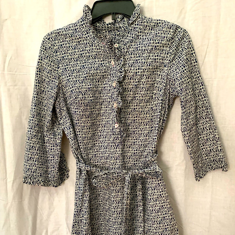 Navy and white dress with tie waist